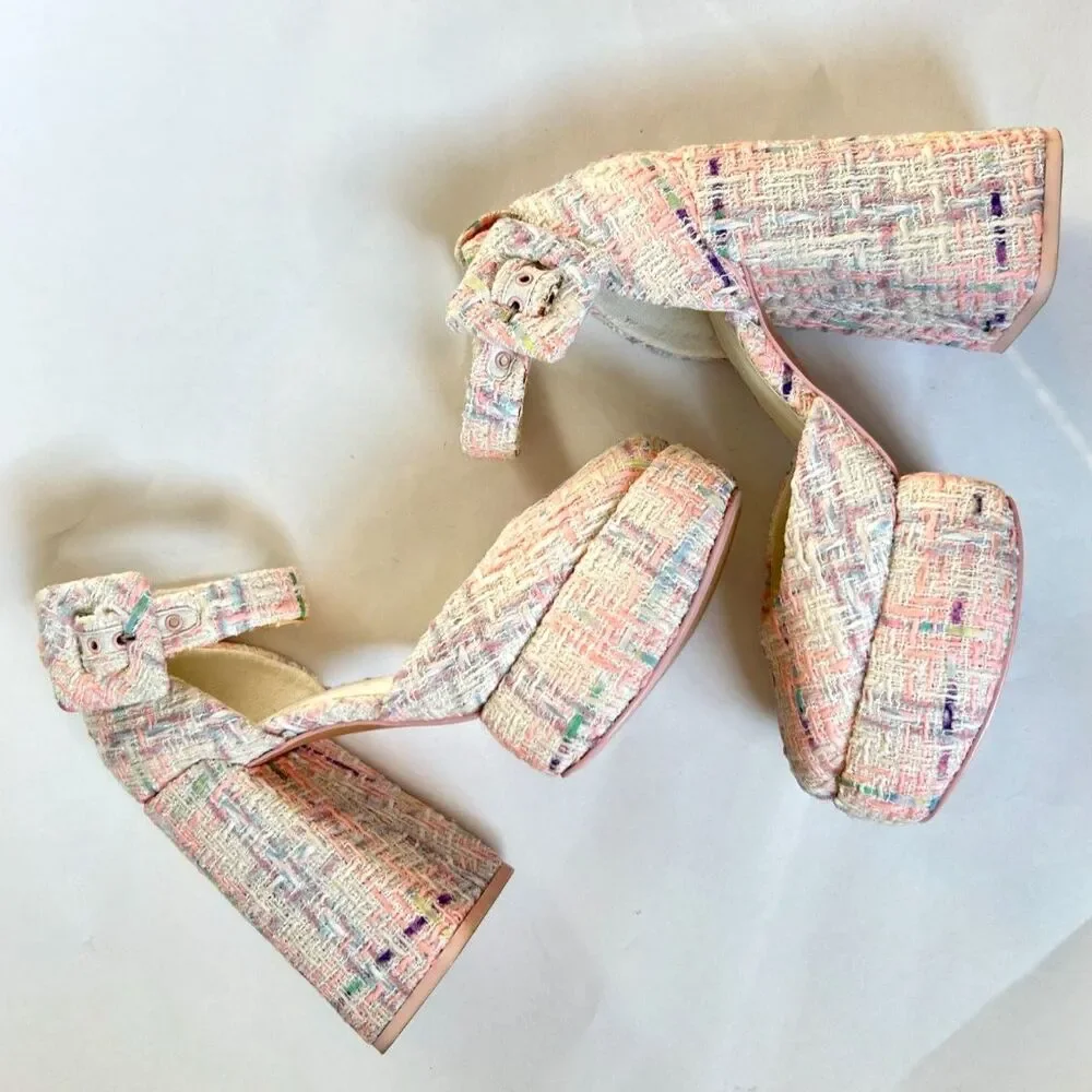 Charles & Keith Multi-Color Tweed D'Orsay Platform Chunky Block Heel Pumps